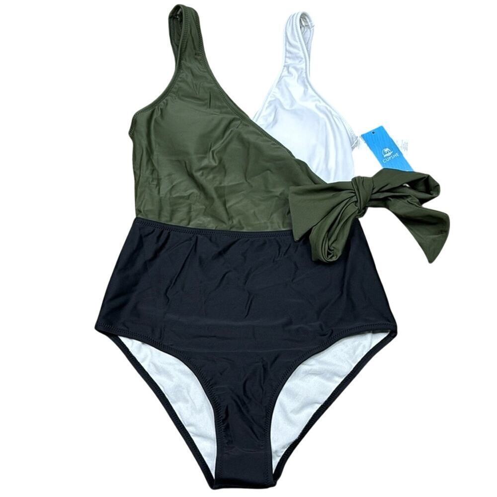 CUPSHE Women's Surplice Colorblock One Piece Swimsuit Olive White Black S NWT